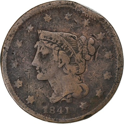 USA, Cent, Braided Hair, 1841, Philadelphia, Miedź