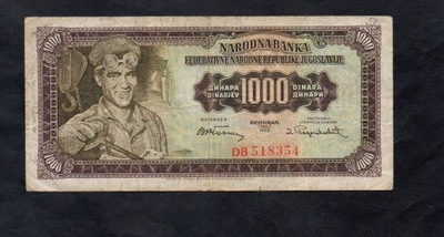BANKNOT JUGOSŁAWIA -- 1000 DINARÓW -- 1955 rok