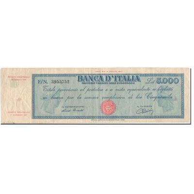 Banknot, Włochy, 5000 Lire, 1948, 28-01-1948, KM:8