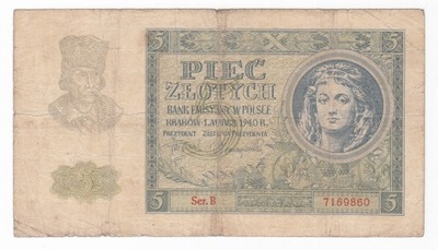 Banknot 5 zł 1940, seria B, st. 4