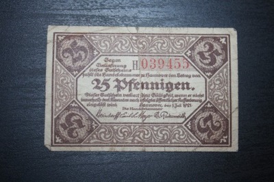 NOTGELD HANNOVER NIEMCY 1921 25 PF PFENNIG