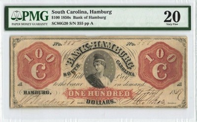 100 DOLARÓW z1850 rok Bank of Hamburg USA + Grading PMG bardzo rzadki stary