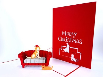 Kot i Pies Na Sofie Bożonarodzeniowa Kartka 3D Święta Bożego Narodzenia WOW