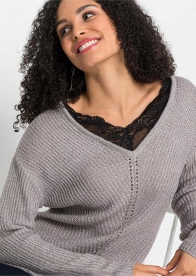 SWETER Z WSTAWKĄ KORONKI JASNOSZARY 3B4G05 Bonprix 32/34