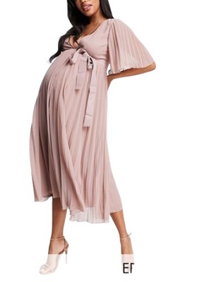 Różowa ciążowa plisowana sukienka mididefekt 48