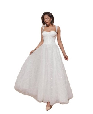 Błyszcząca suknia ślubna w kolorze białym, stylizacja AMMOLA, NA MIARY