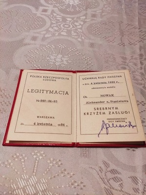 LEGITYMACJA do Odznaczenia Srebrny Krzyż Zasługi z 1984r