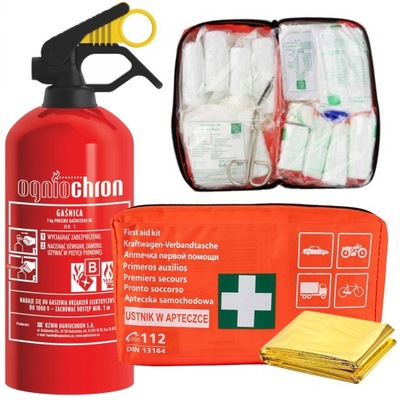 EXTINGUIDOR DE AUTOMÓVIL OGNIOCHRON BC 1KG + BOTIQUÍN DIN CON KIT DE PRIMEROS AUXILIOS  