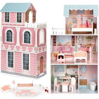 Duży Drewniany Domek dla Lalek Różowy Domek Willa Dla Barbie z Wyposażeniem