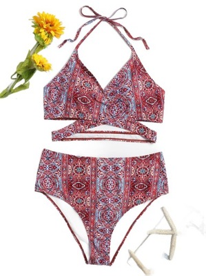 Strój kąpielowy bikini tribal boho z paskami XL 42