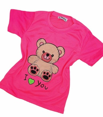 T-shirt koszulka krótki rękaw Misio neon różowa 104/110