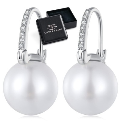 K434 Eleganckie perły srebrne kolczyki bigle zamykane z kryształkami