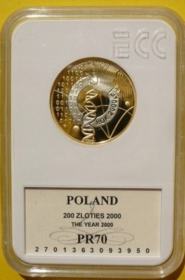 200 ZŁOTYCH POLSKA 200 MILENIUM ROK 2000 UNC PR70