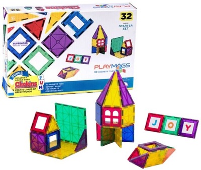 PLAYMAGS KLOCKI MAGNETYCZNE KOLOROWE PŁYTKI ZESTAW 32 ELEMENTÓW STARTER SET