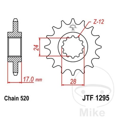 ENGRANAJE PARTE DELANTERA JT F1295-15, 15Z, TAMAÑO 520 WASKIE ZEBY DIÁMETRO INTERIOR  