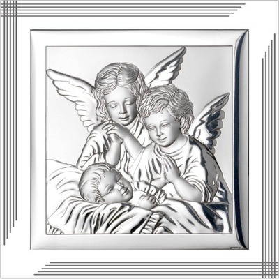 Srebrny obrazek na chrzest z aniołem stróżem 12x12
