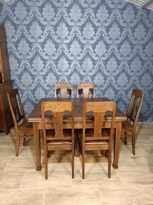Drewniany rozkładany stół secesyjny z 6 krzesłami, stół antyk