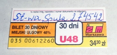Bilet 30 Dniowy Miejski Ulgowy ZTM Warszawa - stan bdb.