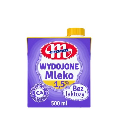 Mleko Wydojone bez laktozy 12 sztuk po 0,5L. UHT 1,5% Mlekovita