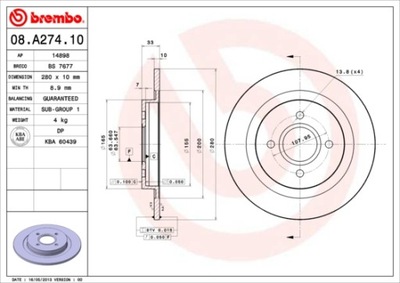 ДИСКИ ТОРМОЗНЫЕ ТОРМОЗНЫЕ ЗАД BREMBO 08.A274.10 08A27410