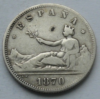 Hiszpania - 2 pesetas 1870 r. S.N. .M.- srebro Ag