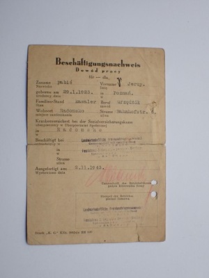 Dowód pracy Urzędnik Radomsko 1943