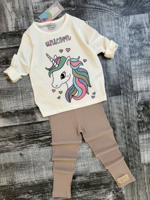 KOMPLET DRES Z JEDNOROŻCEM BLUZKA LEGGINSY BEŻOWE PRĄŻEK r 104 110