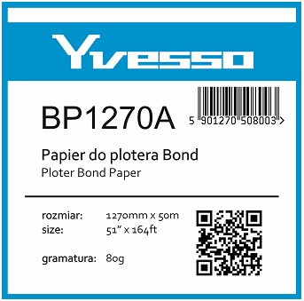 Papier w roli do plotera Yvesso Bond 1270x50m 80g