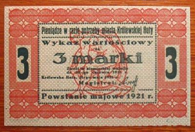 Królewska Huta 3 marki 1921 r. unc