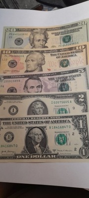 USA KOMPLET BANKNOTOW 5 SZTUK 20+ 10+ 5 +2+ 1 DOLLAR NIEOBIEGOWE