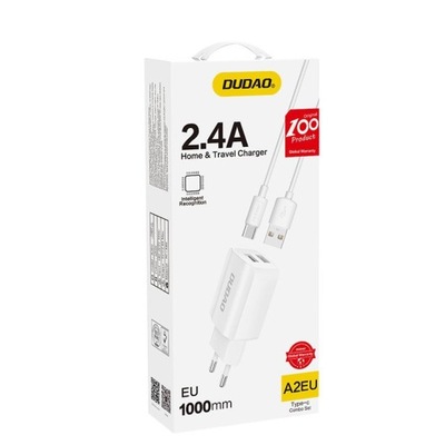 Ładowarka sieciowa EU 2x USB 5V/2.4A + kabel USB-C biały