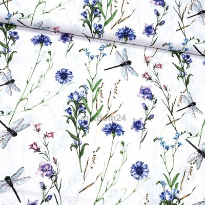 Tkanina bawełniana Ważki sasanki kwiaty wz1633