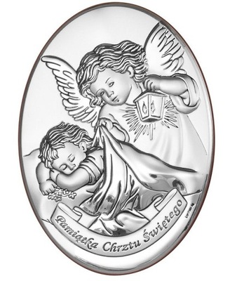 Srebrny Obrazek Chrzest Pamiątka Grawer Anioł