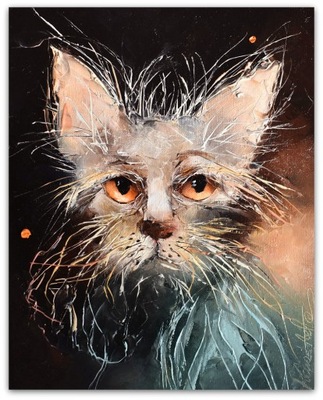 Aneta Karaś fakturowany obraz olejny płótno kot kotek SENIOR