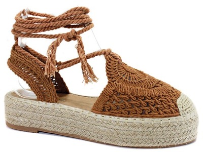 DAMSKIE WIĄZANE ESPADRYLE AŻUROWE CAMEL 55 36