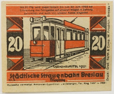Notgeld Wrocław Breslau Śląsk 20 pfennig fenigów 1922 rok Tramwaj 4