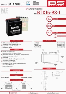 BS АККУМУЛЯТОР BTX16-BS1 (YTX16-BS-1) 12V 14AH 152X88X161 BEZOBSŁUGOWY - ЕЛЕКТРО