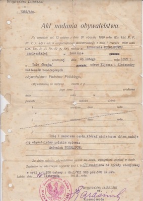 Lublin Akt nadania Obywatelstwa Polskiego 1928 r.