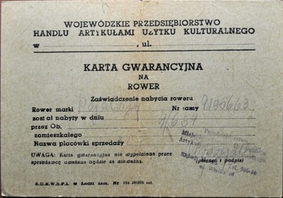 KARTA GWARANCYJNA NA ROWER - " POPULARNY " - 1959r