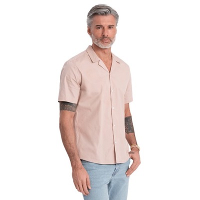 Męska koszula z krótkim rękawem jasnobrązowa V6 OM-SHSS-0168 S