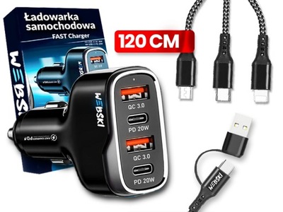 ФОРТОЧКА ЗАРЯДНОЕ УСТРОЙСТВО АВТОМОБИЛЬНАЯ USB 12\/24V 40W USB TYP-C PD Z КАБЕЛЕМ НЕЙЛОН 5W1 фото