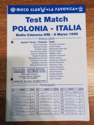 1998 TEST MECZ WŁOCHY - POLSKA (APATOR TORUŃ) - BADIA CALAVENA !!! UNIKAT