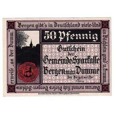 Banknot, Niemcy, Bergen, 50 Pfennig, chevalier 192
