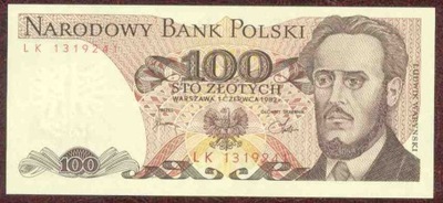 100 zł. 1982 r. ser. LK UNC b. rzadka seria - PIĘKNY