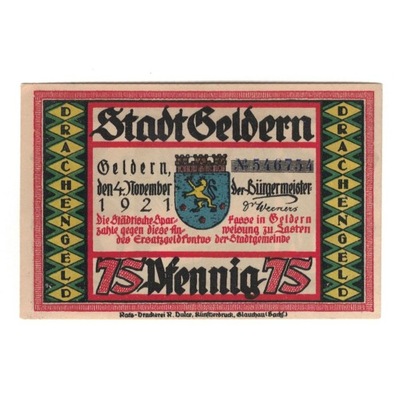 Banknot, Niemcy, Geldern Stadt, 75 Pfennig, person