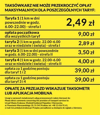 Cennik taryfy taxi folia stawki 2,49 iCar - Kraków