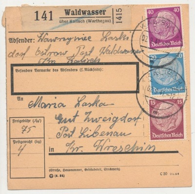 Skart Paketkarte Brzeziny k/ Kalisza 1941 r. (427)