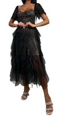 MD długa czarna tiulowa sukienka koronka rękaw | L