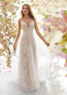 Koronkowa suknia ślubna z dekoltem w szpic S-XXL