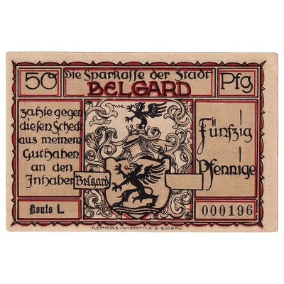 Banknot, Niemcy, Belgard, 50 Pfennig, Blason, 1920